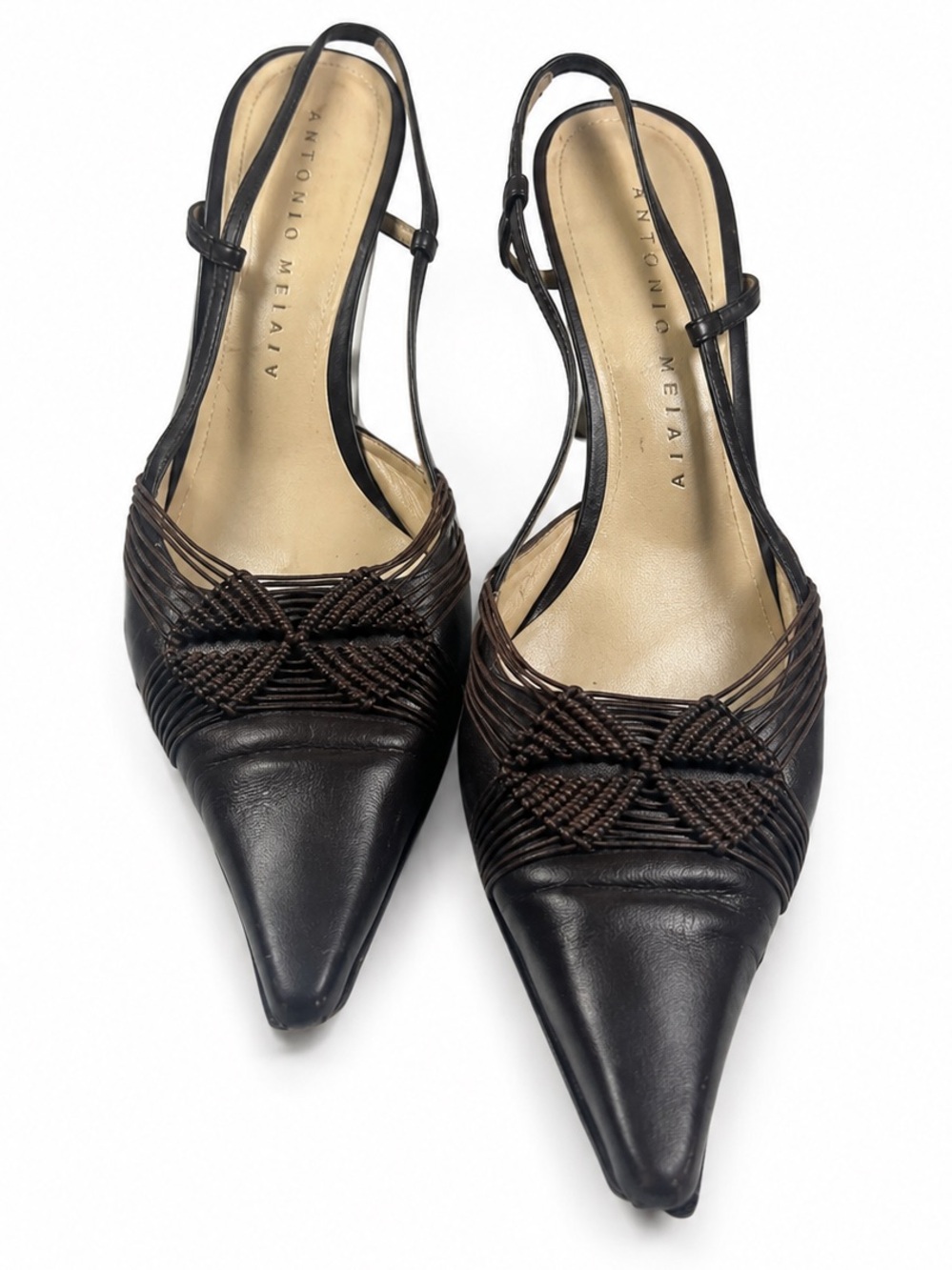 Martinez Valero Vintage Y2K Brown Leather Pointed Slingback Heels Women Size 8.5